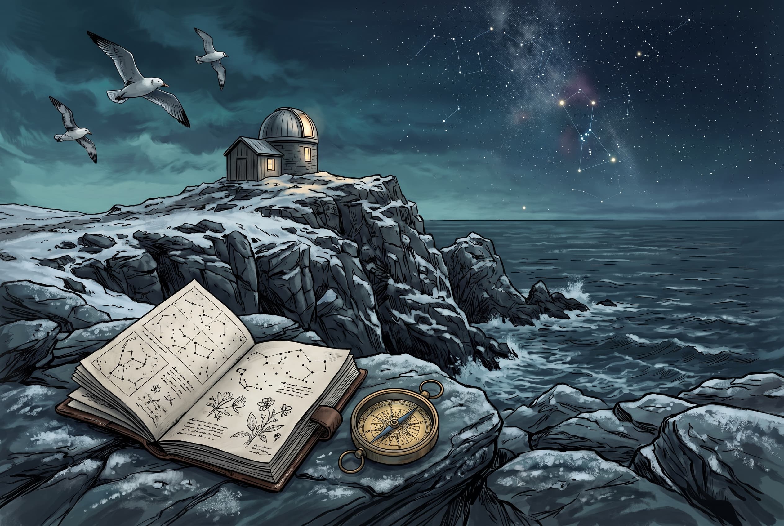 A winter observatory above a rugged coastline under a star-filled sky