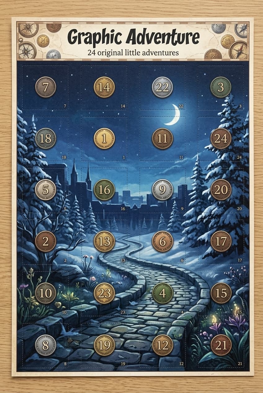 Illustrative Graphic Adventure portrait advent calendar concept for adults who are young at heart