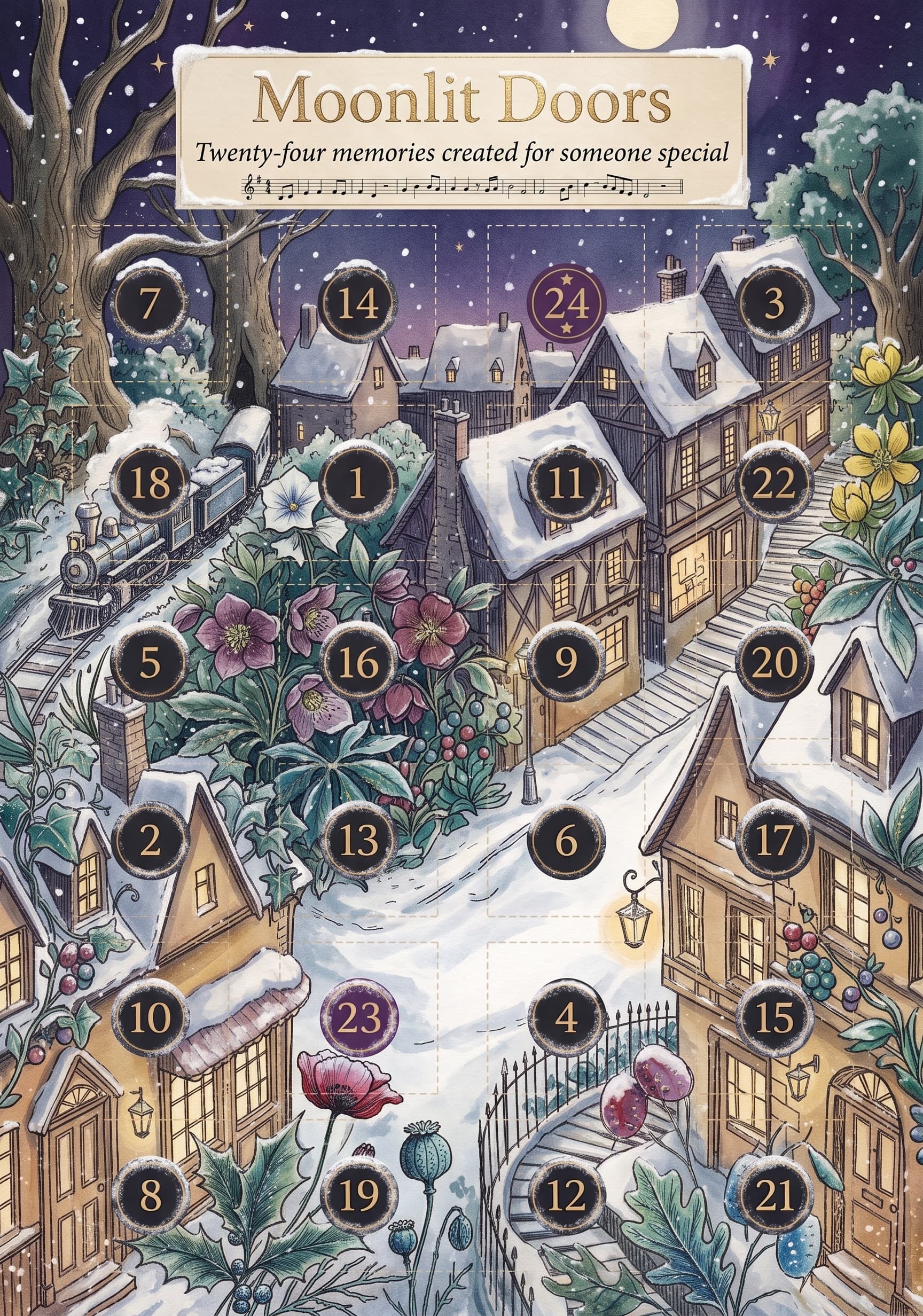 Illustrative Snowy European Town portrait advent calendar concept