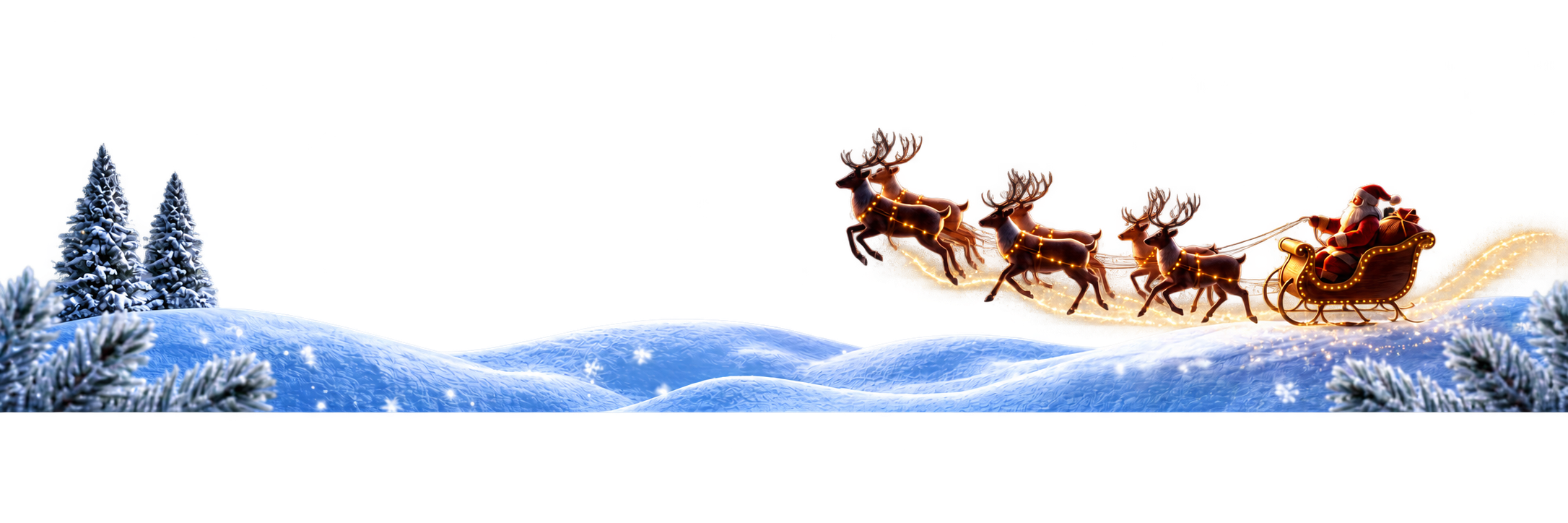 Santa’s sleigh and reindeer flying above a moonlit snowy landscape