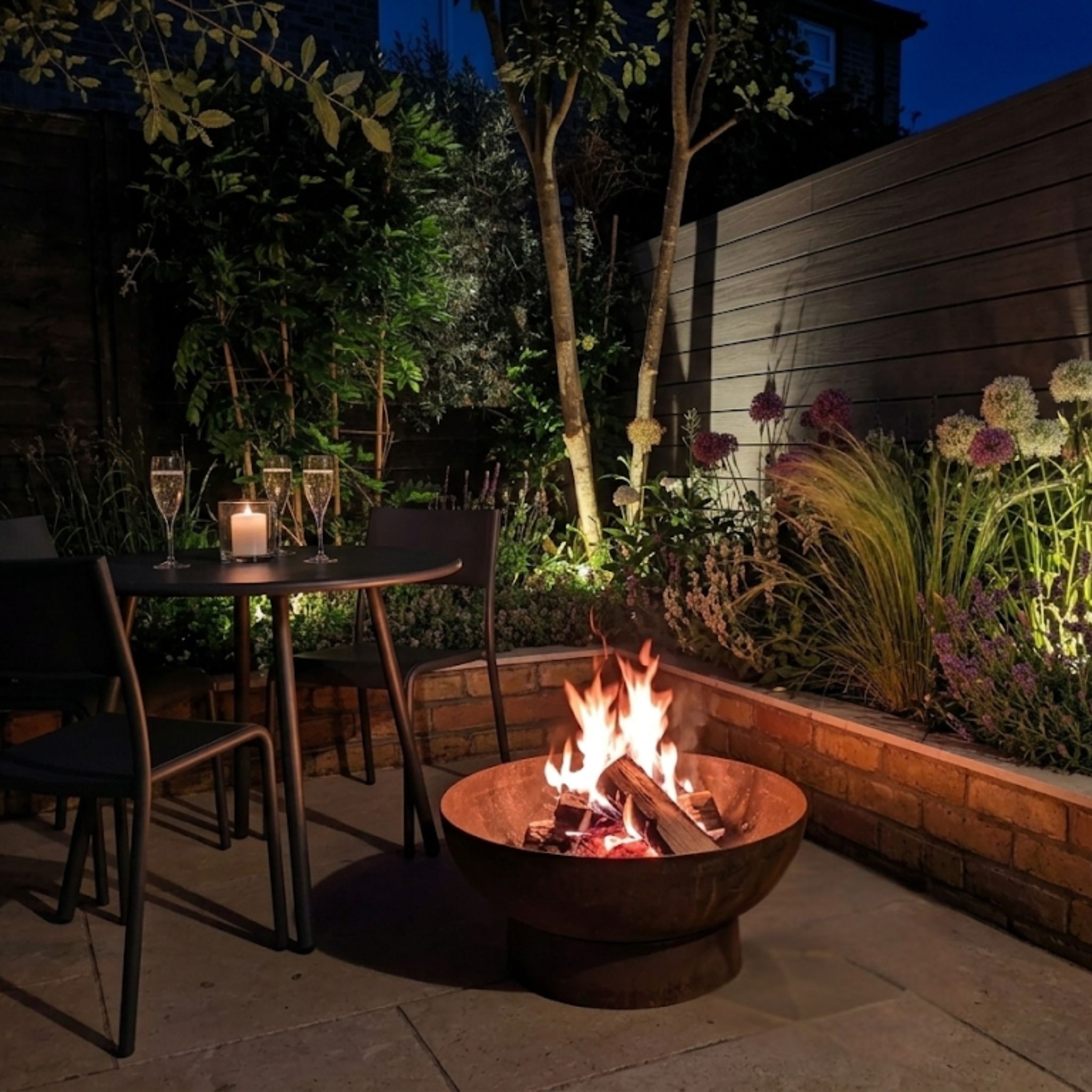 Courtyard with fire bowl at night
