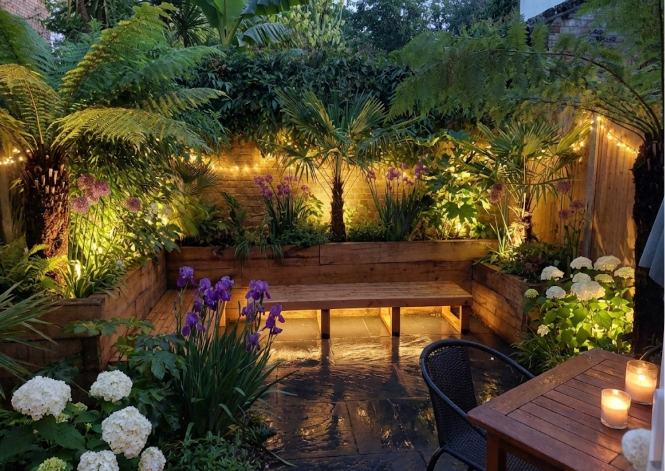 Seating with warm evening uplighting