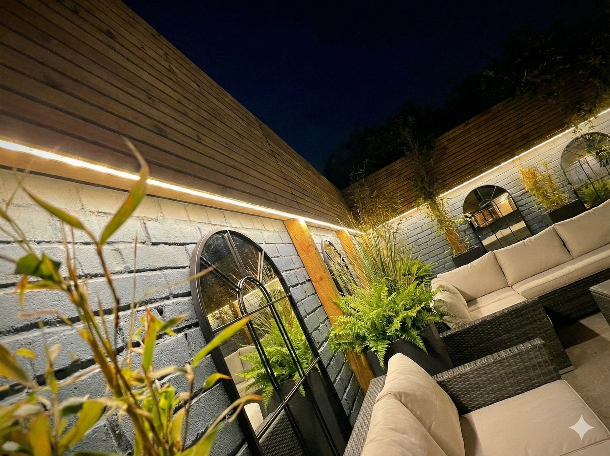 Linear lighting beneath timber screening