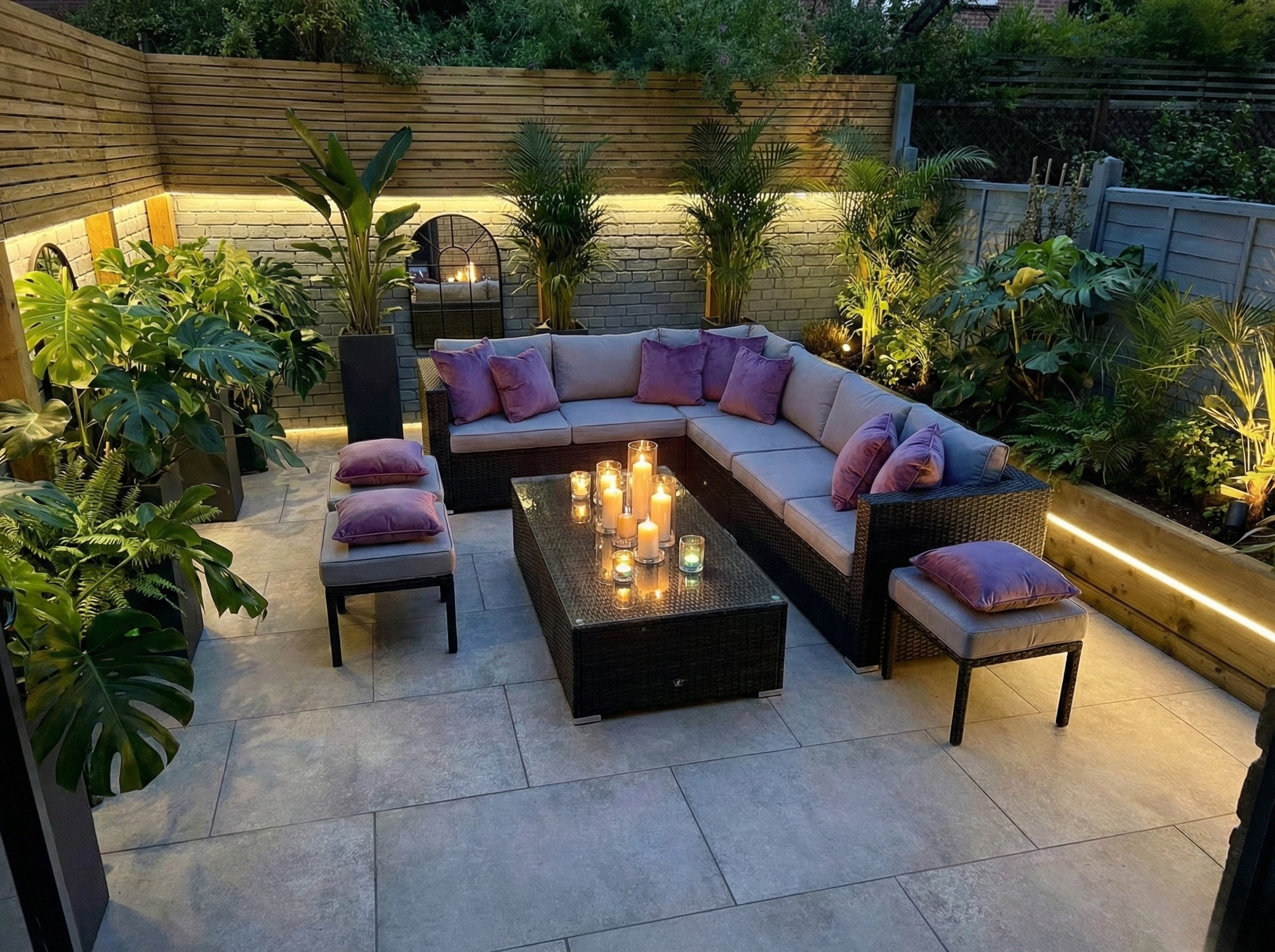 Rear garden with illuminated seating