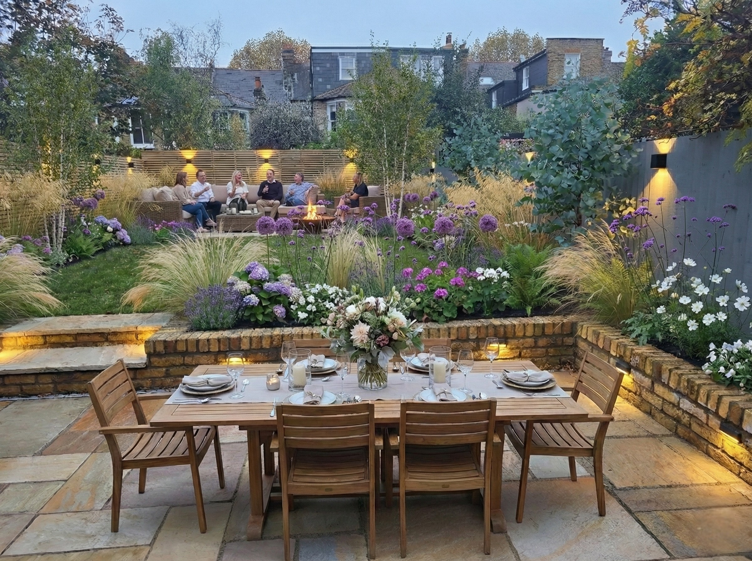 Tiered garden arranged for evening dining