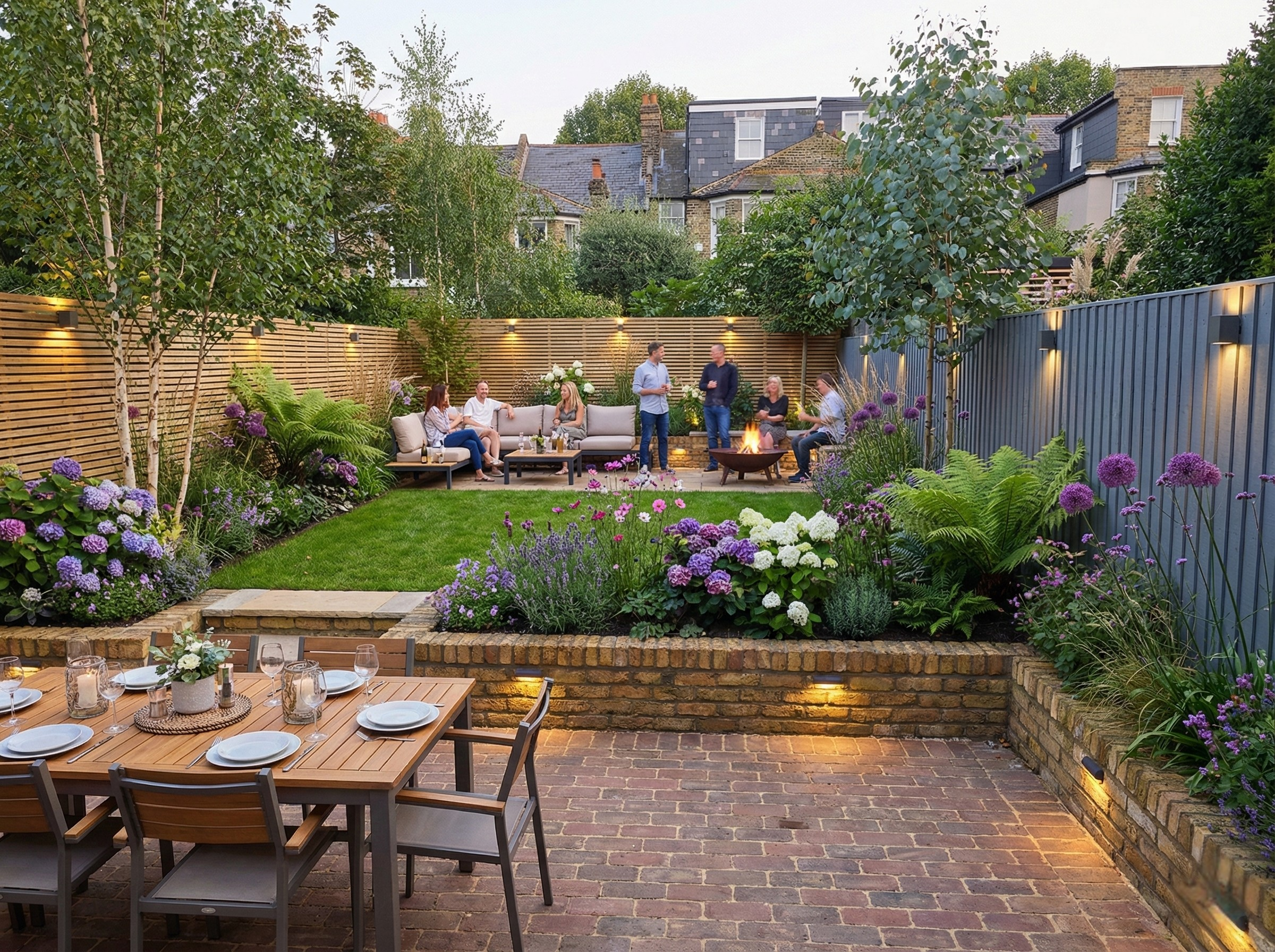 Garden with fire bowl and layered planting