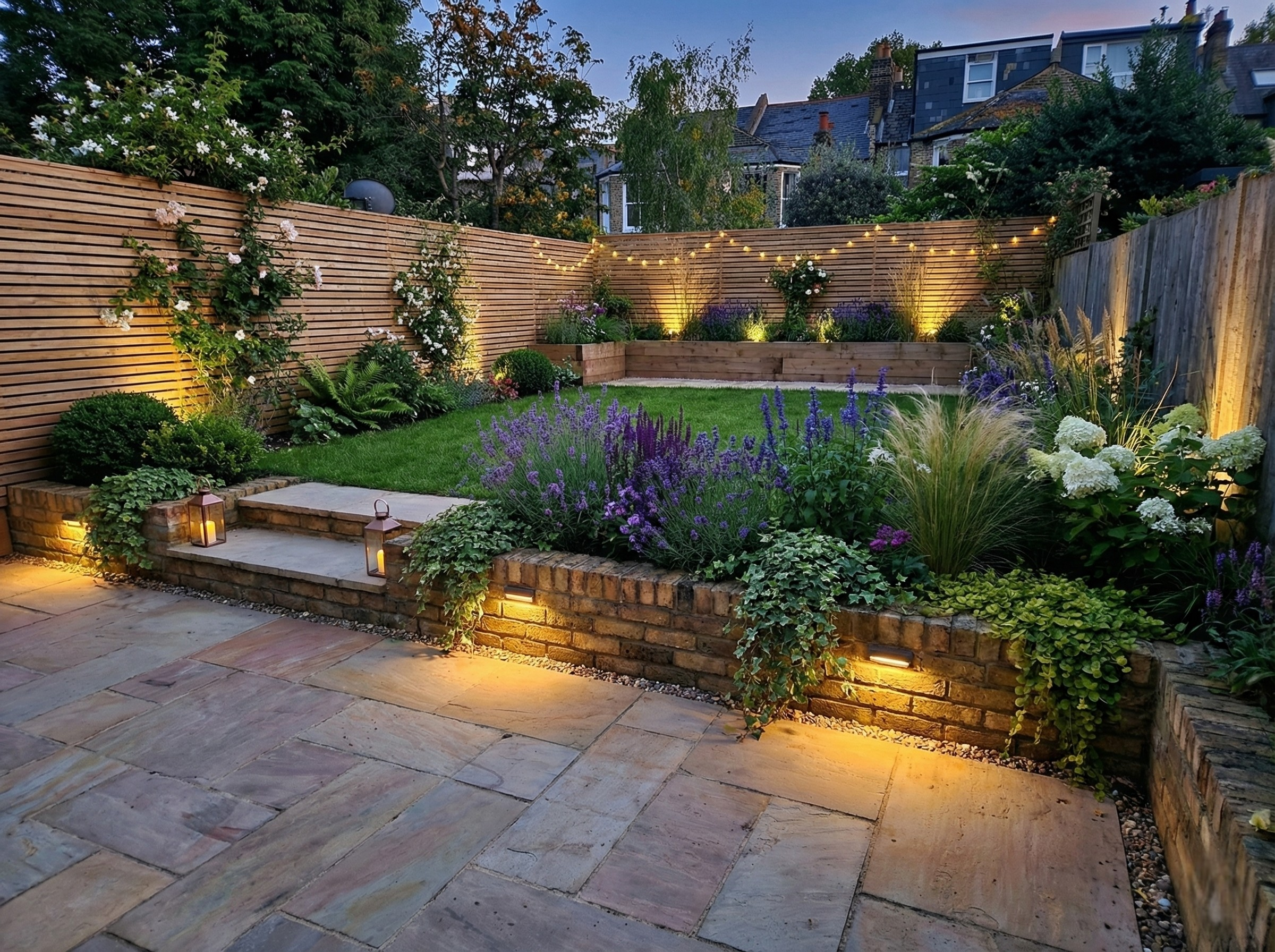 Brick borders with planting and lighting