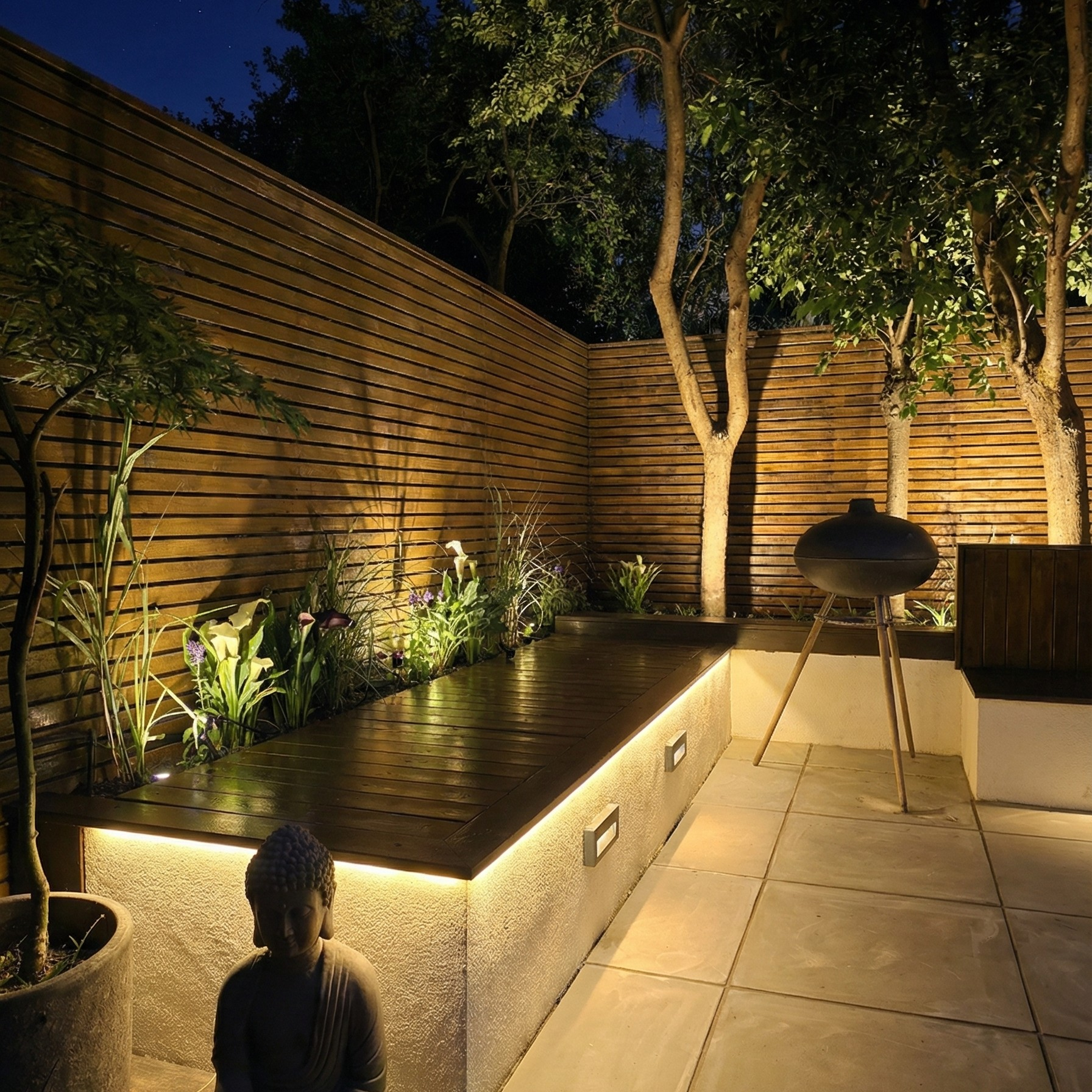Buddha feature beside illuminated planting