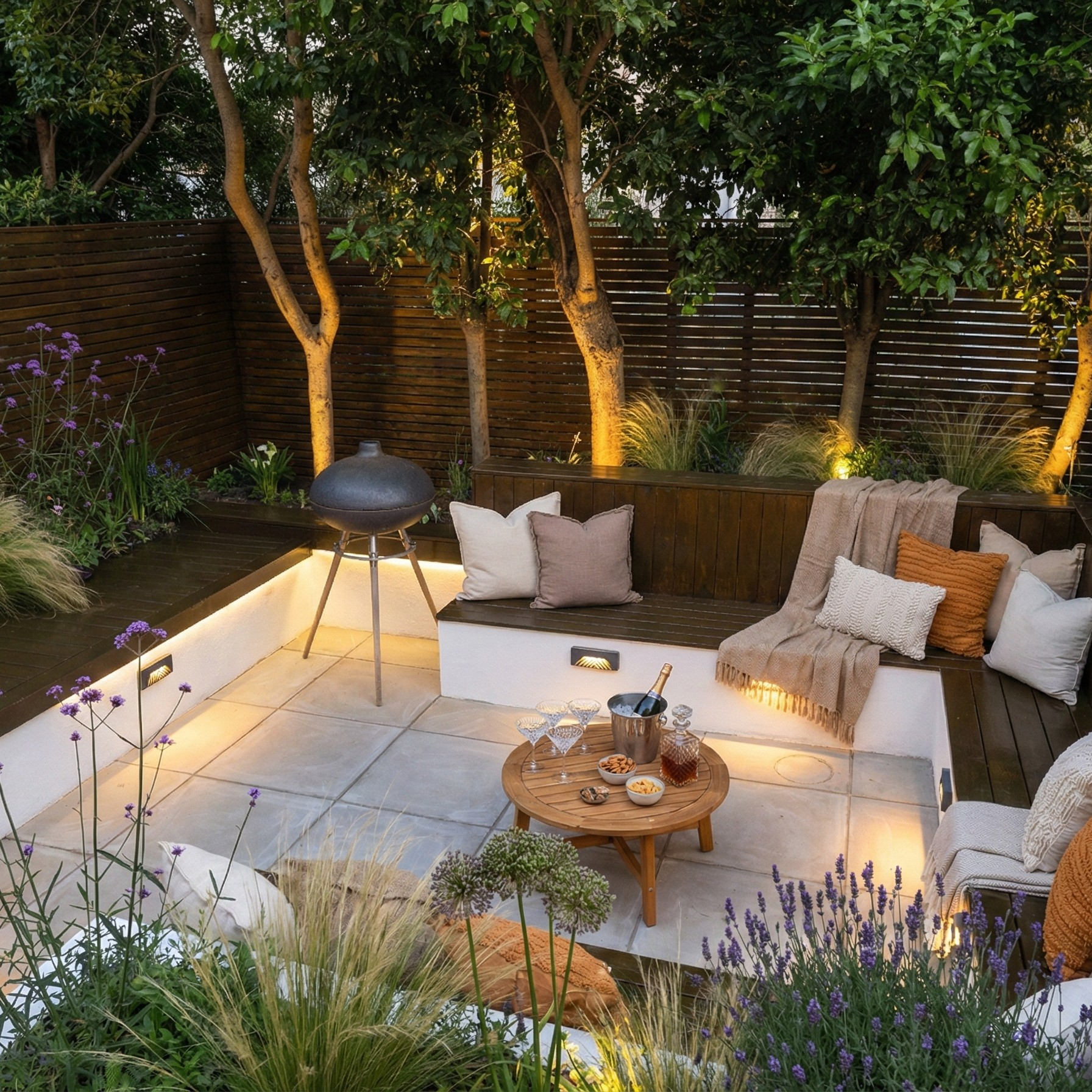 Built-in bench with planting and lighting