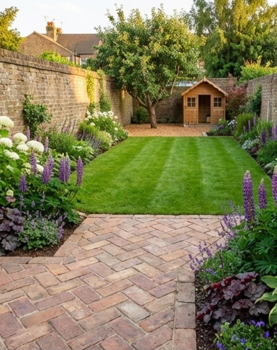 Family garden with fruit tree and playhouse