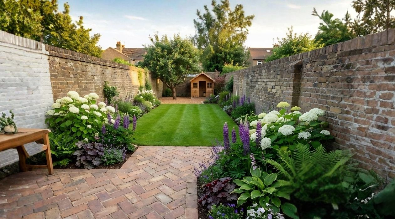 Long cottage garden with lawn and playhouse