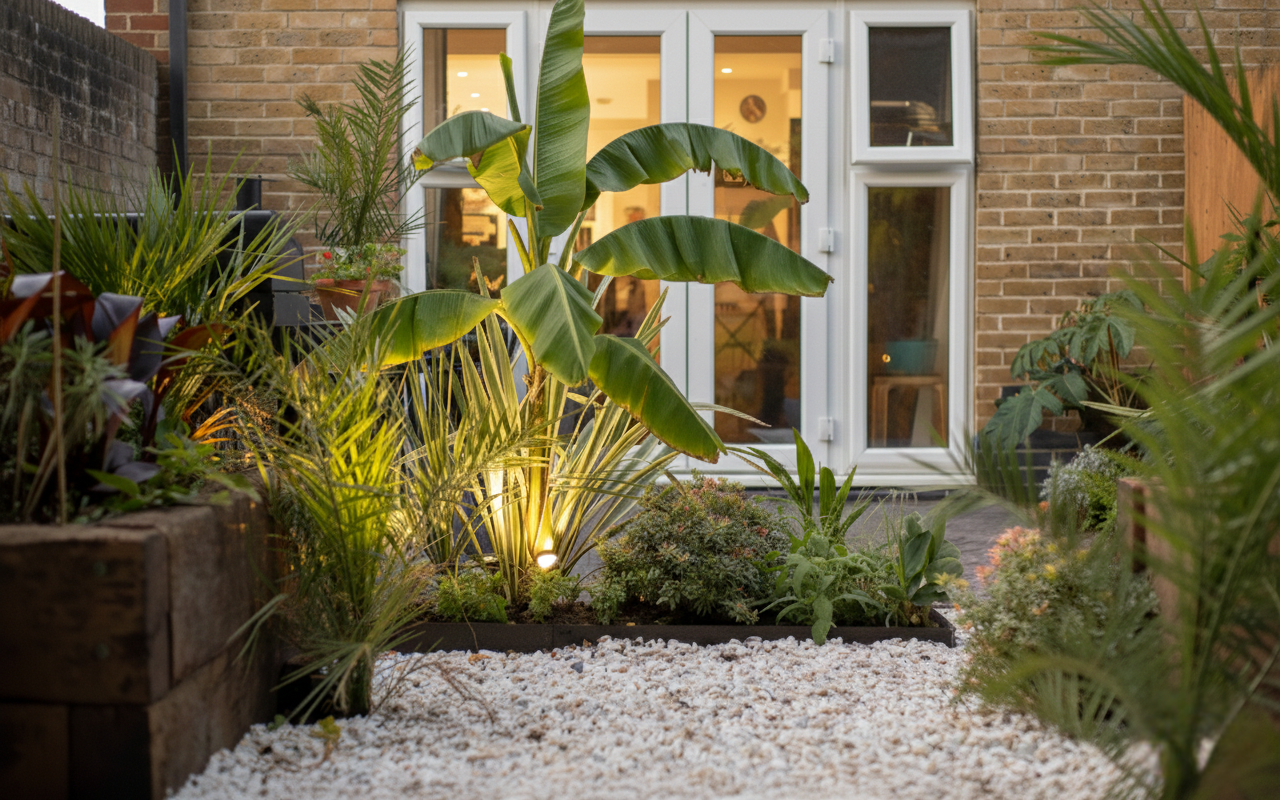 Mature tropical planting with warm lighting