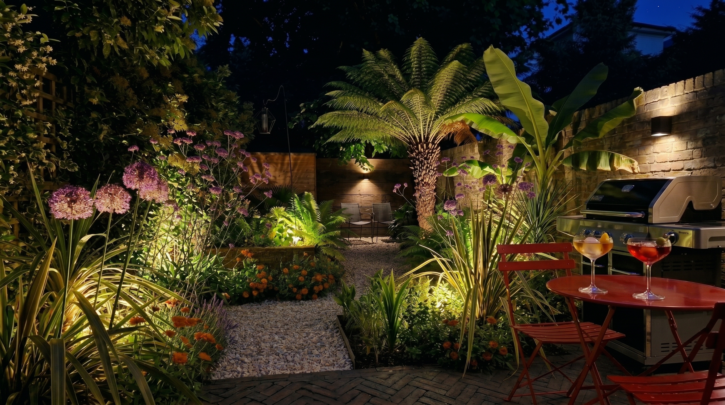 Tropical garden arranged for evening drinks
