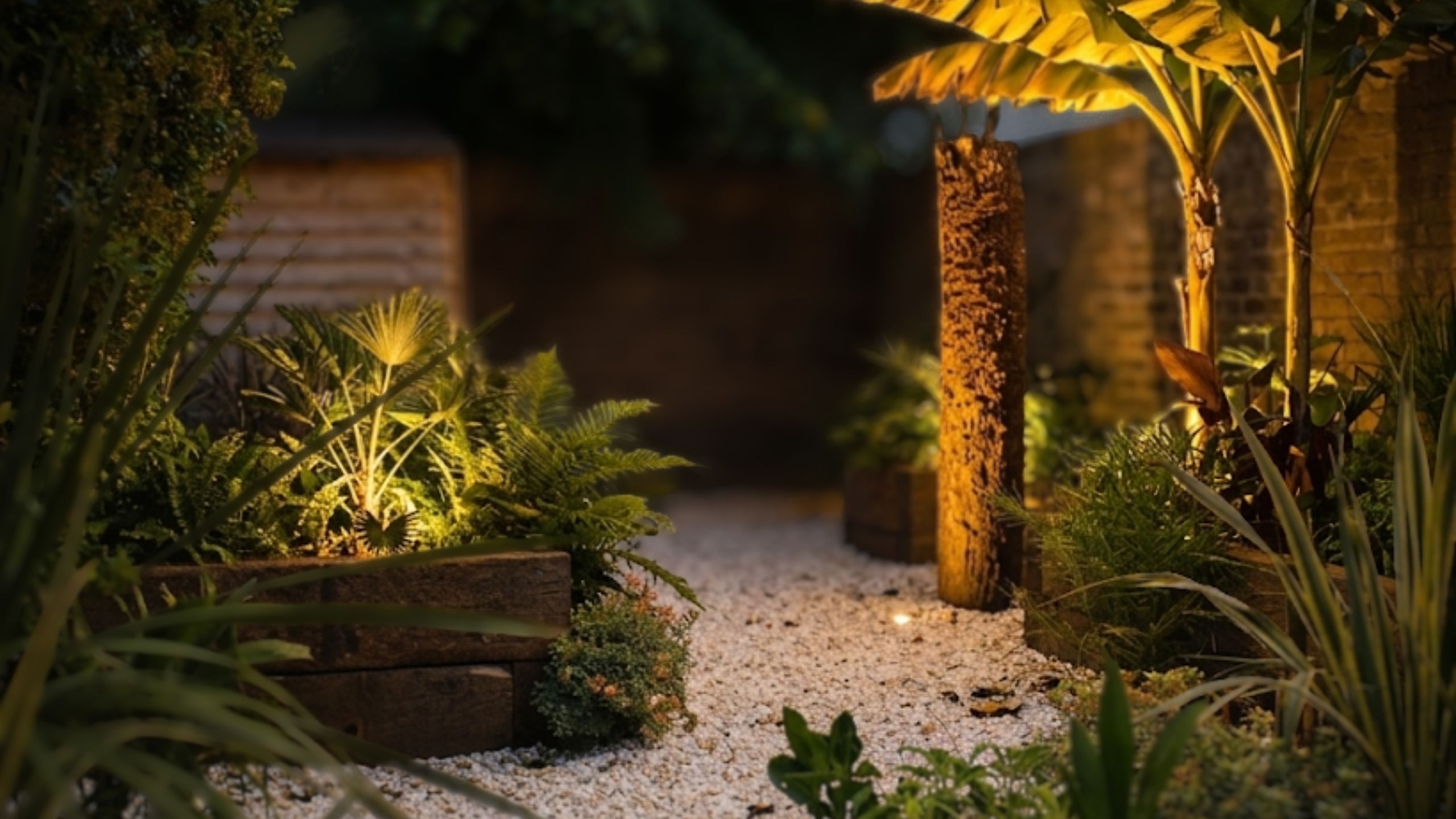 Tropical gravel path illuminated at night