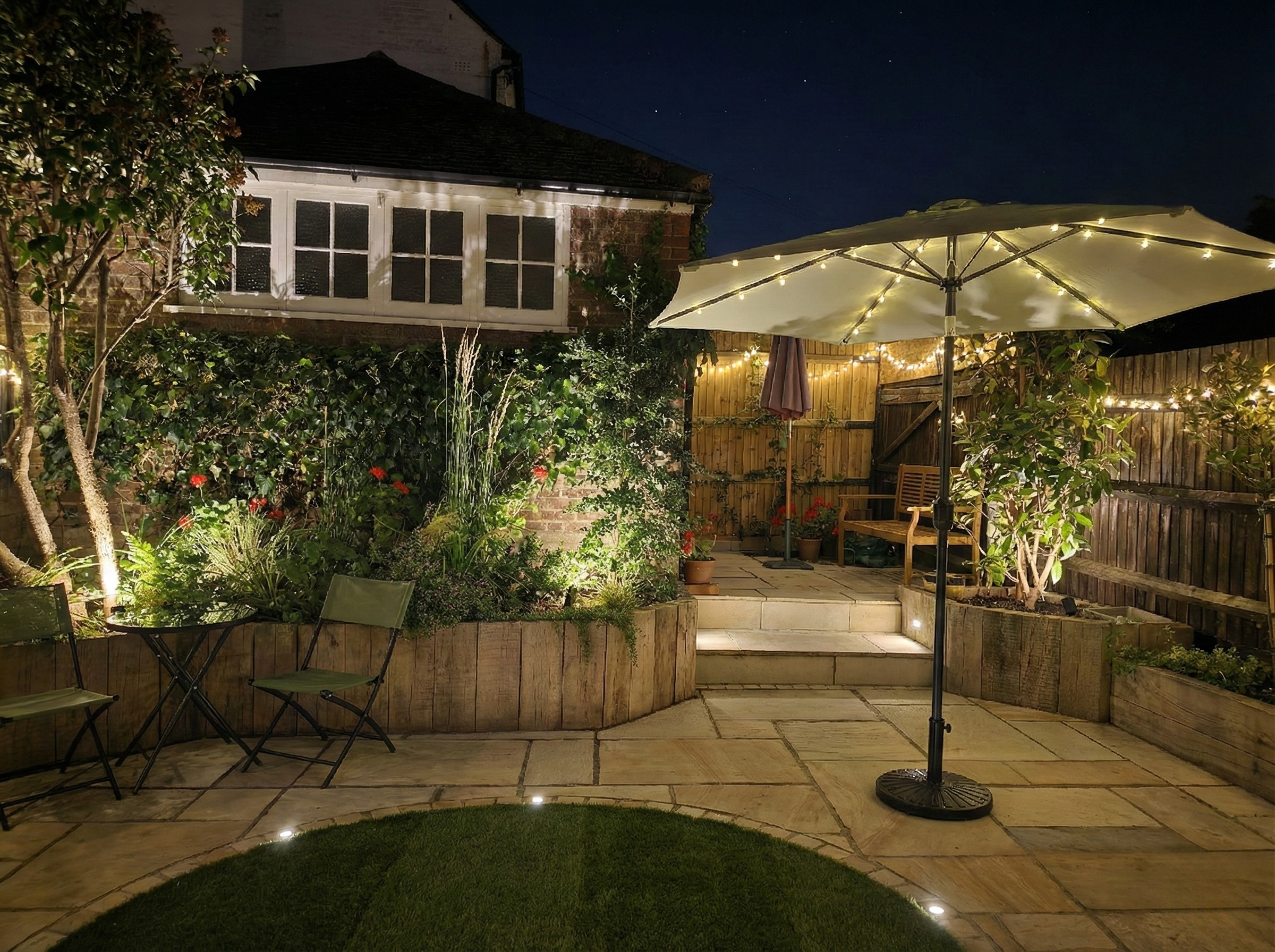 Multi-level geometric garden at night