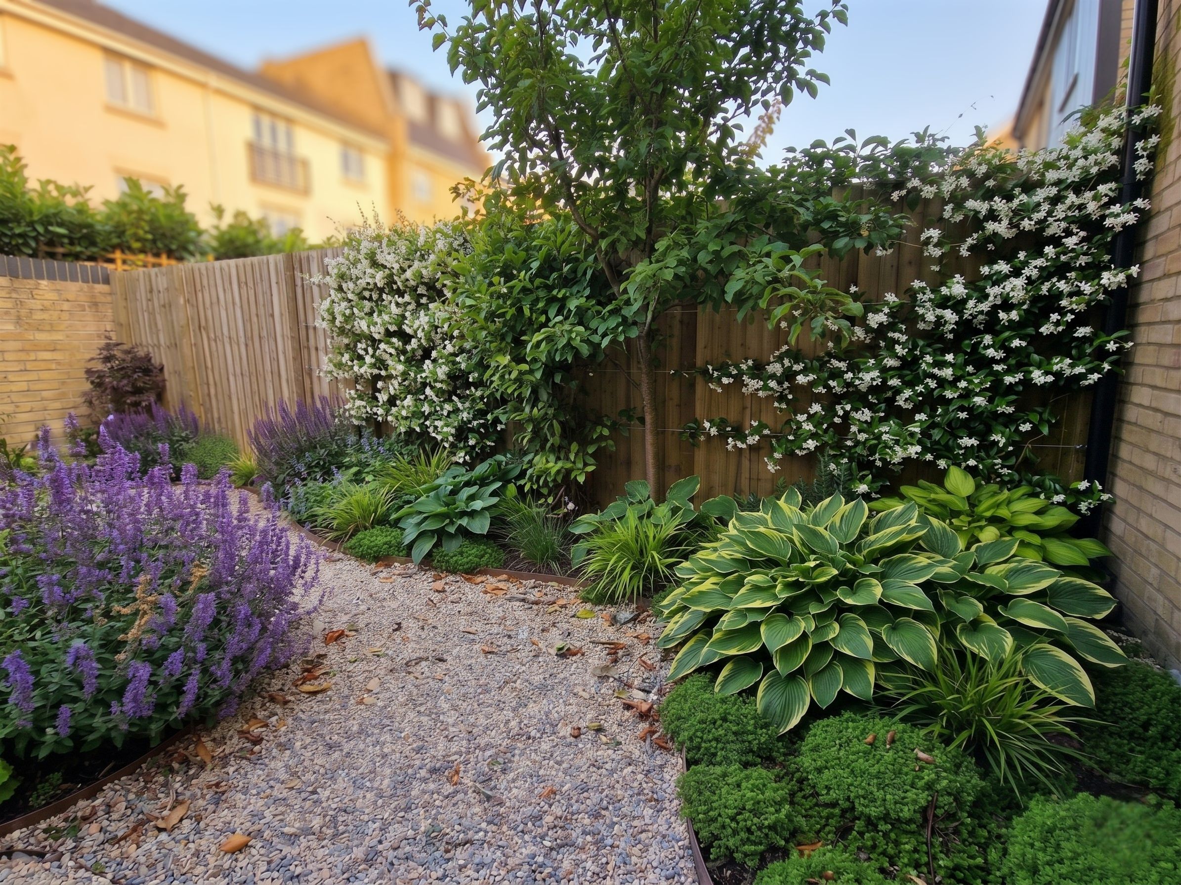Gravel path bordered by hostas and climbers