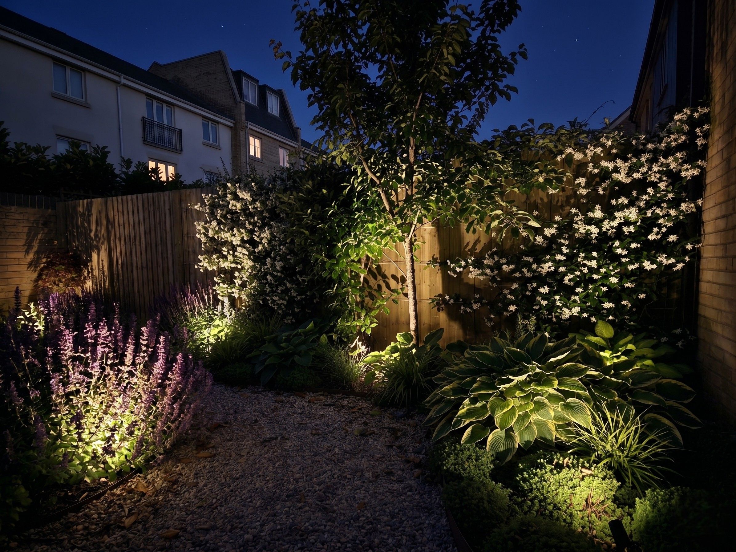 Gravel path illuminated at night