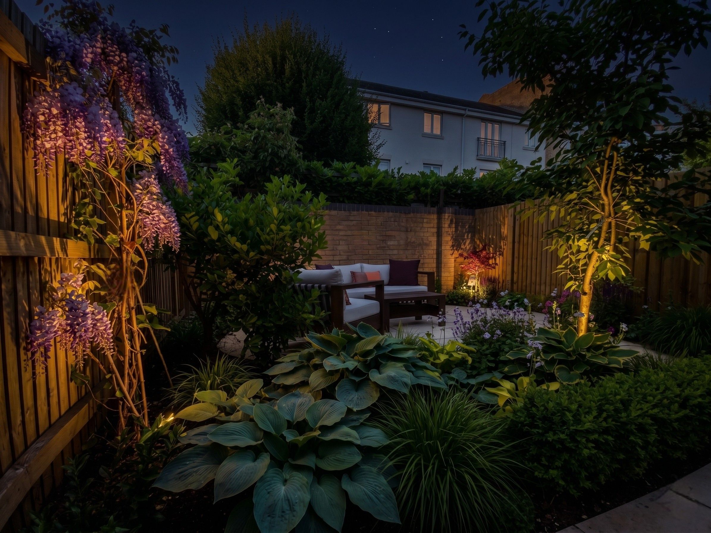 Seating garden under warm lighting