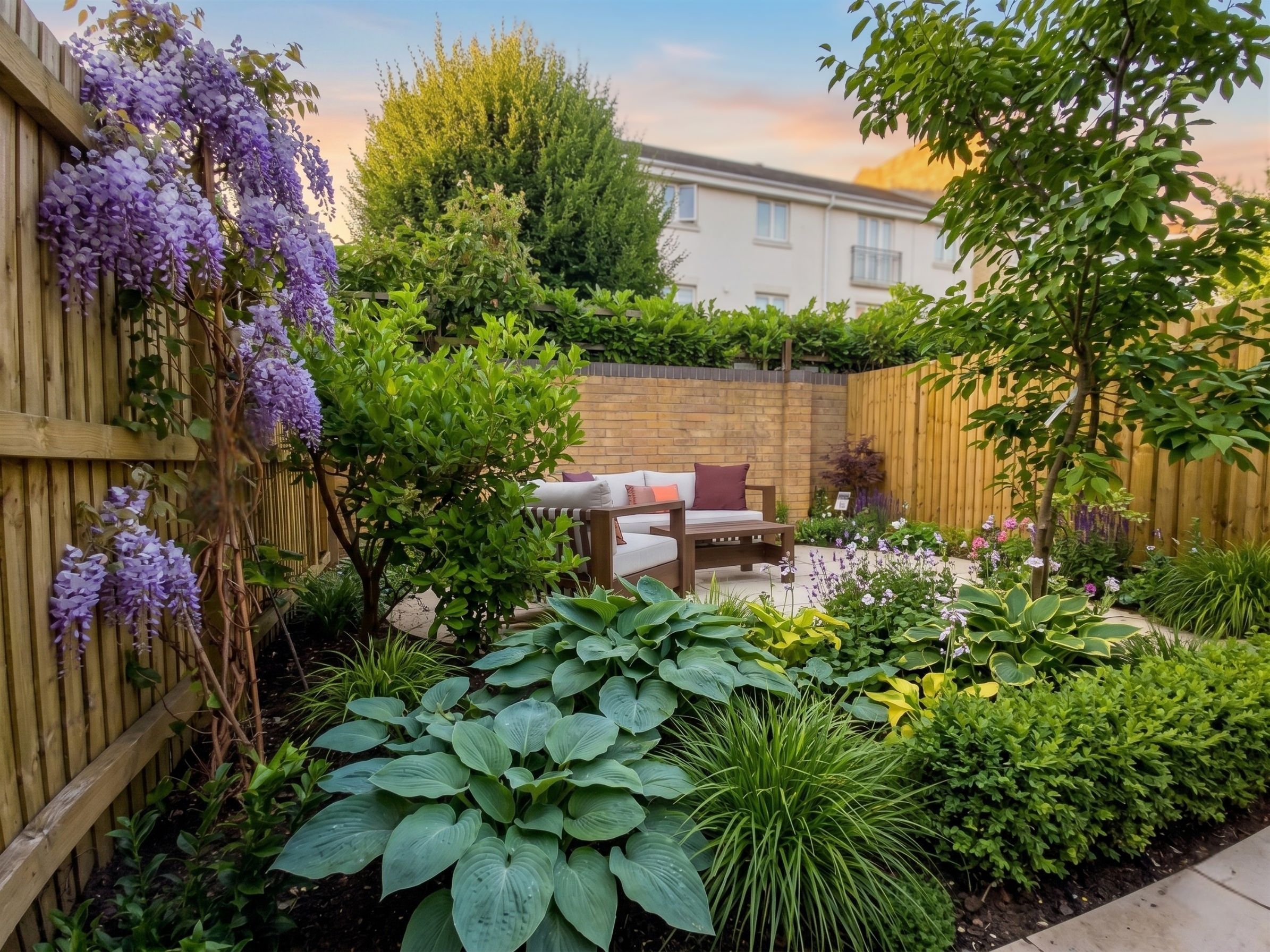 Garden with wisteria, hostas and seating