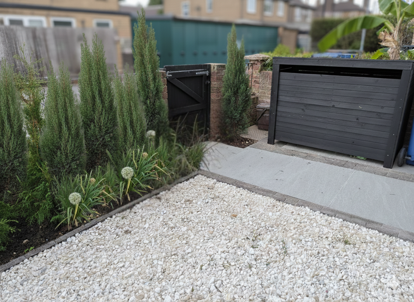 Front garden with slatted bin store