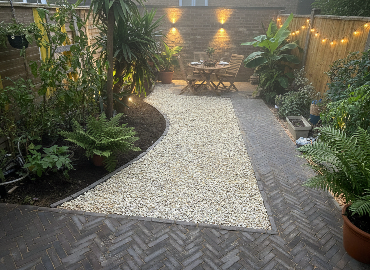 Rear garden with levels and night lighting